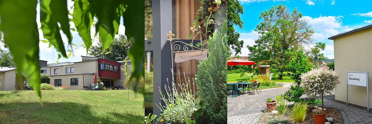 Diese dreiteilige Bildmontage zeigt das DRK-Pflegeheim in Mihla, eine Einrichtung für Menschen mit seelischer und geistiger Behinderung. Linkes Bild: Ein modernes, helles Gebäude (mit rotem Balkon) umgeben von einer großen grünen Wiese unter klarem Himmel. Mittleres Bild: Eine Nahaufnahme eines rustikalen Schildes mit dem Wort "Willkommen", umgeben von Blumen und Pflanzen (Lavendel). Rechtes Bild: Ein sonniger, gepflasterter Außenbereich mit grünen Gartenmöbeln, einem roten Sonnenschirm und viel Grün, was die ruhige und einladende Atmosphäre unterstreicht.