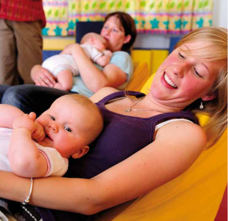Mütter mit ihren Babys in einer Spiel-Gruppe Eine helle, freundliche Szene in einem Gruppenraum, in dem zwei Frauen mit ihren Babys zu sehen sind. Im Vordergrund sitzt eine lächelnde Frau in einem gelben Sitzsack und hält ein waches Baby auf dem Schoß, das neugierig in die Kamera blickt. Im Hintergrund sitzt eine weitere Frau auf einem blauen Polster und wiegt ein schlafendes Baby im Arm. Die Atmosphäre wirkt entspannt und gemeinschaftlich; an der Wand hängt eine bunte Girlande mit Sternenmotiven.