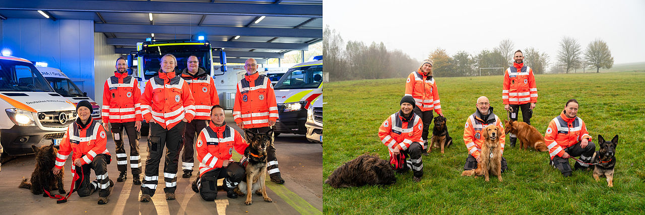 Zwei Fotos der Rettungshundestaffel des Deutschen Roten Kreuzes. Links (Innenaufnahme): Eine Gruppe von sechs Rettungskräften in orange-weißen Einsatzjacken stehen oder knien in einer Fahrzeughalle vor Einsatzfahrzeugen (mit Blaulicht). Zwei Rettungshunde in verschiedenen Rassen (unter anderem Schäferhund-Mischlinge) sitzen oder liegen neben ihren Hundeführern. Rechts (Außenaufnahme): Dieselbe Gruppe von fünf Rettungskräften und ihren Hunden posieren auf einer nebligen, grünen Wiese. Alle Personen und Hunde schauen in die Kamera. Die Rettungskräfte tragen orangefarbene Kleidung mit reflektierenden Streifen und DRK-Emblemen.